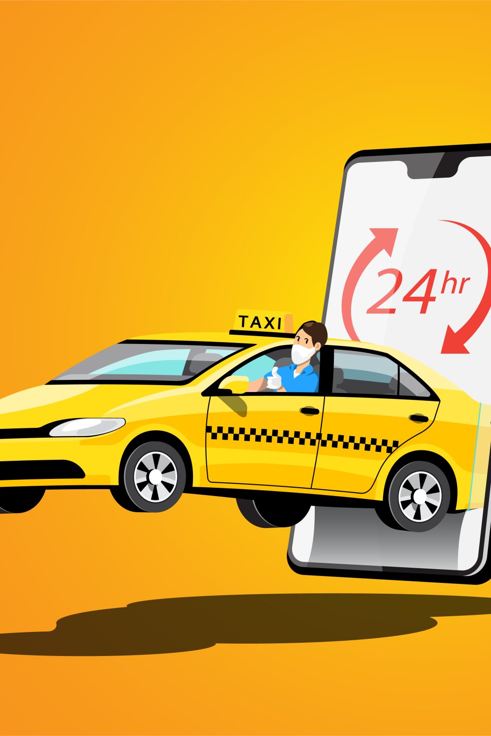 Delivery Taxi Online car sharing with cartoon character and smartphone Smart city transportation concept, vector illustration